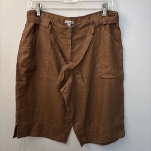 J Jill Women's 100% Linen Bermuda Shorts Belt Brown Beach‎ Resort Casual Sz 10